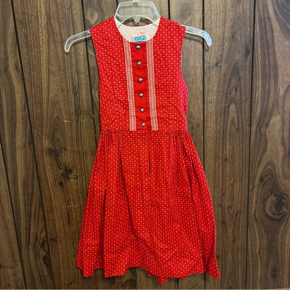 Vtg. Isola Red/white Dot Floral Print Silver Metallic Button Dress Sz 140 (9Y)